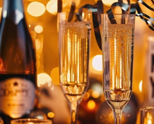 Silvester - Sektgläser, Sektflasche mit goldenen Luftschlangen