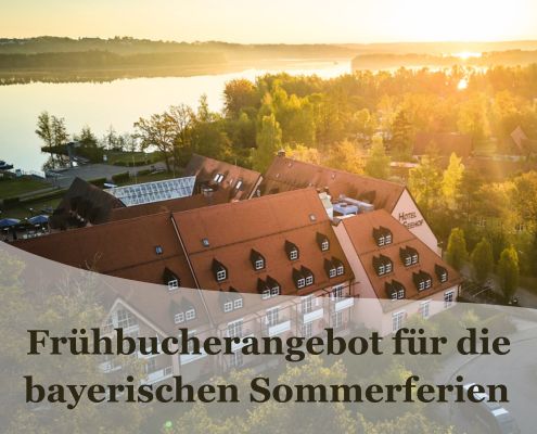 Frühbucherangebot - Bild mit Strandhotel Seehof bei Sonnenaufgang, im Hintergrund der Brombachsee