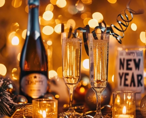Silvester 2025 - Sektgläser, Sektflasche, gelbe Lichtpunke
