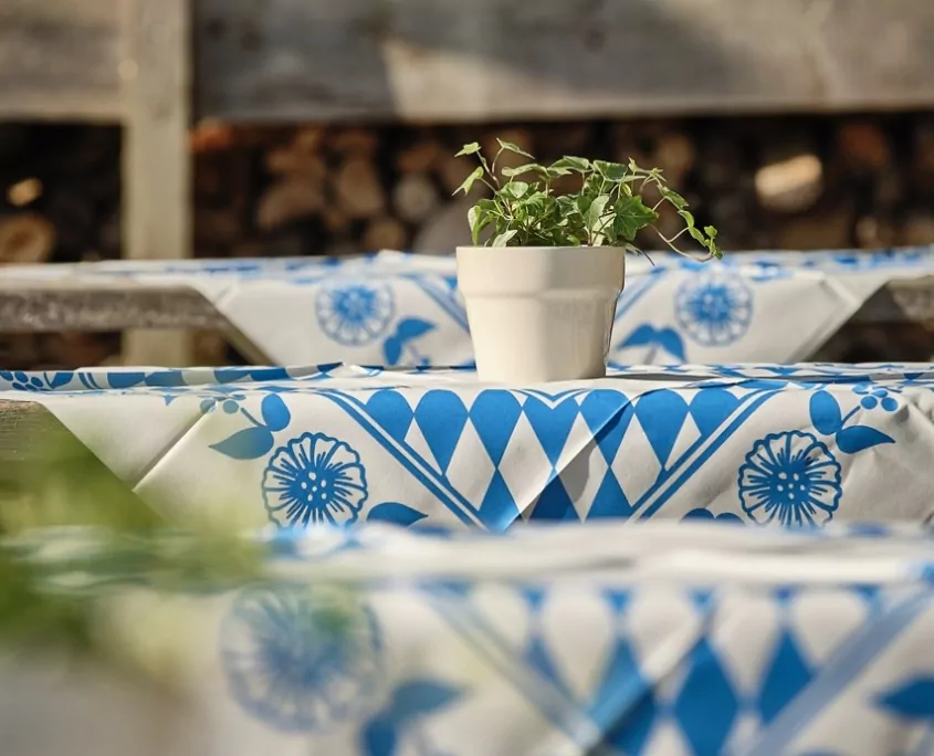 3 Tische mit weiß-blauen Tischdecken, bayrisch mit einer einzelnen Blume auf dem zweiten Tisch